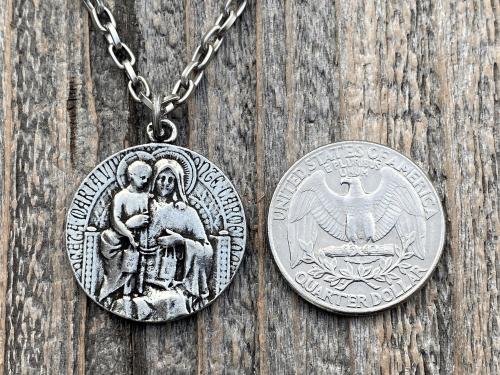 Antiqued Pewter Scapular Pendant on Necklace, Antique Replica of French Artist Tricard Medallion, Sacred Heart of Jesus Our Lady Mt Carmel