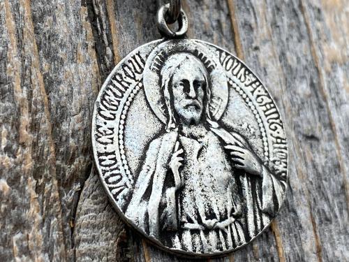 Antiqued Pewter Scapular Pendant on Necklace, Antique Replica of French Artist Tricard Medallion, Sacred Heart of Jesus Our Lady Mt Carmel