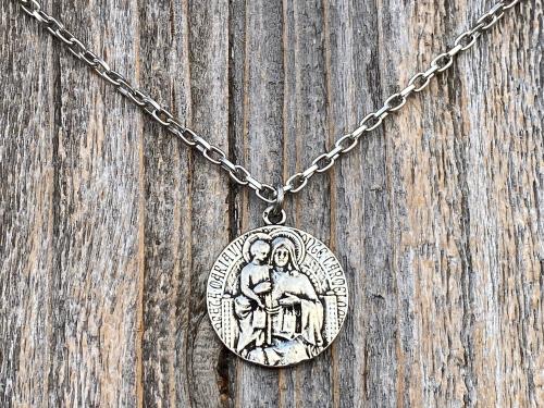 Antiqued Pewter Scapular Pendant on Necklace, Antique Replica of French Artist Tricard Medallion, Sacred Heart of Jesus Our Lady Mt Carmel