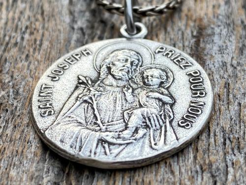 Sterling Silver Saint Joseph French Medal Pendant on Necklace, Antique Replica Medallion, Oratoire St. Joseph, Mont Royal, Montreal Quebec