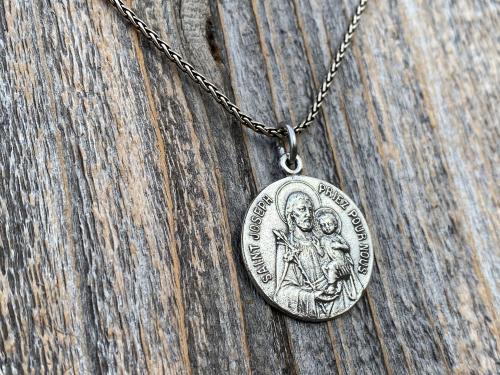 Sterling Silver Saint Joseph French Medal Pendant on Necklace, Antique Replica Medallion, Oratoire St. Joseph, Mont Royal, Montreal Quebec