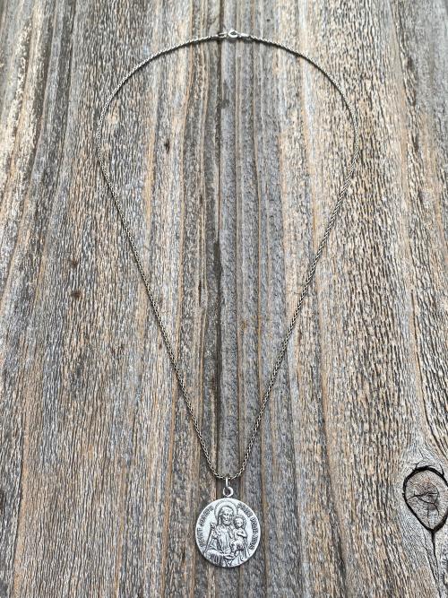 Sterling Silver Saint Joseph French Medal Pendant on Necklace, Antique Replica Medallion, Oratoire St. Joseph, Mont Royal, Montreal Quebec