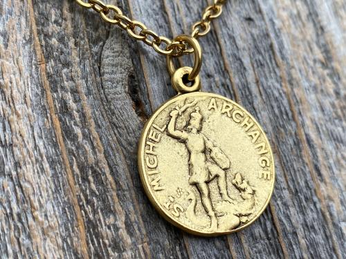 Antiqued Gold St Michael French Medal on Necklace, Antique Replica, Saint Michael the Archangel, St Michel Pendant, Protection against Satan