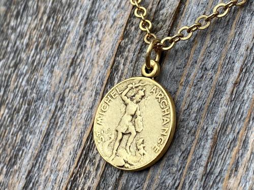 Antiqued Gold St Michael French Medal on Necklace, Antique Replica, Saint Michael the Archangel, St Michel Pendant, Protection against Satan