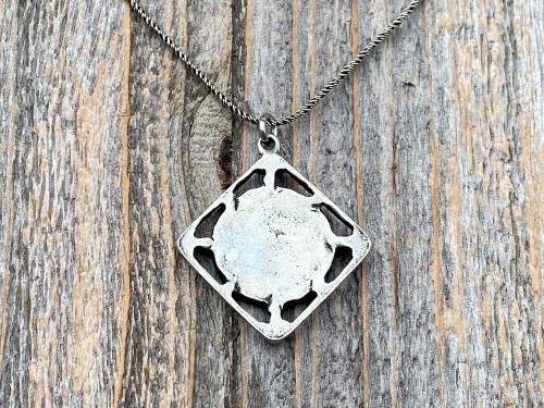 Antiqued Pewter St Joan of Arc Medal Pendant on Necklace, Antique Replica of Rare French Medal, St Jeanne d'Arc Medallion with Fleur de Lis