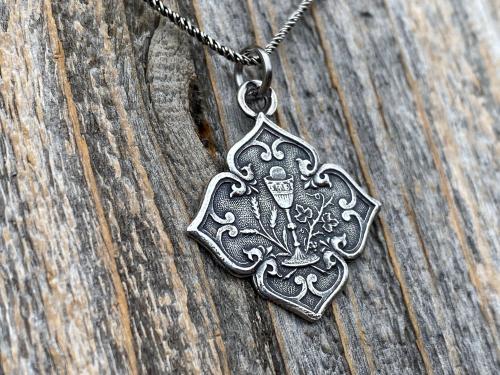 Sterling Silver Holy Eucharist Diamond Shaped Pendant Medal on Necklace, Antique Replica of a Rare French Catholic Medallion, Holy Communion