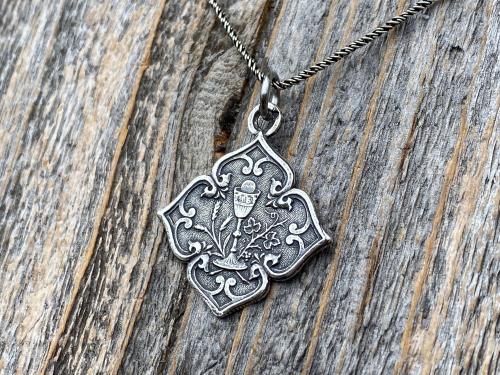 Sterling Silver Holy Eucharist Diamond Shaped Pendant Medal on Necklace, Antique Replica of a Rare French Catholic Medallion, Holy Communion