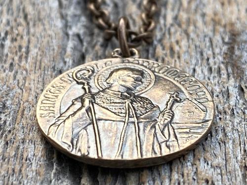 Bronze St Charles Borromeo Medal and Necklace, By French Artist Tricard, Antique Replica, Patron Saint of Stomach Ailments, Weight Loss