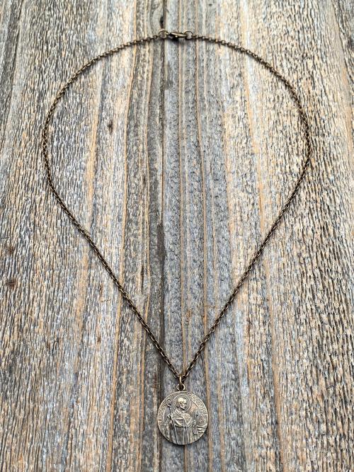 Bronze St Charles Borromeo Medal and Necklace, By French Artist Tricard, Antique Replica, Patron Saint of Stomach Ailments, Weight Loss