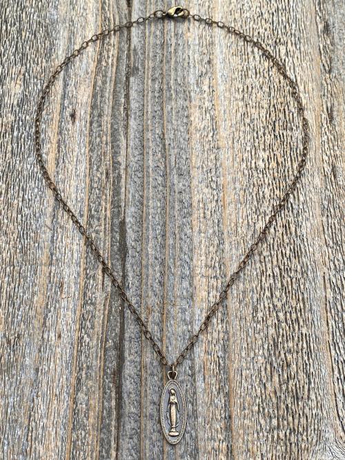 Bronze Latin Miraculous Medal Pendant and Necklace, Antique Replica of French Miraculous Medallion, Elongated Oval Shape Blessed Virgin Mary