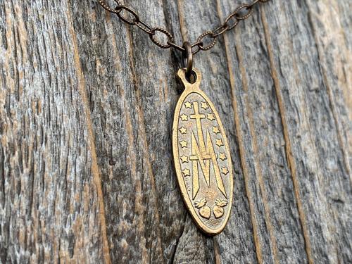 Bronze Latin Miraculous Medal Pendant and Necklace, Antique Replica of French Miraculous Medallion, Elongated Oval Shape Blessed Virgin Mary