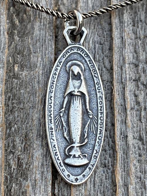 Sterling Silver Latin Miraculous Medal Pendant and Necklace, Antique Replica of French Miraculous Medallion, Elongated Oval Shaped Charm