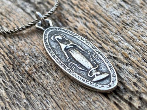 Sterling Silver Latin Miraculous Medal Pendant and Necklace, Antique Replica of French Miraculous Medallion, Elongated Oval Shaped Charm