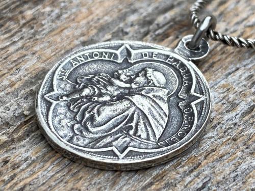 Sterling Silver St Anthony of Padua Medallion & Necklace, Antique Replica of Rare French Latin Medal, Two-Sided Pendant St Francis of Assisi