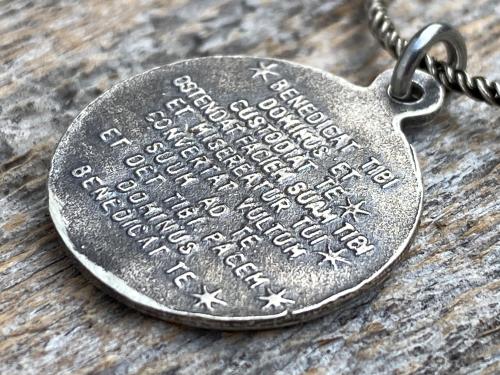 Sterling Silver St Francis of Assisi Blessing Medal Pendant on Necklace, Antique Replica of French Latin Medallion, May the Lord Bless You