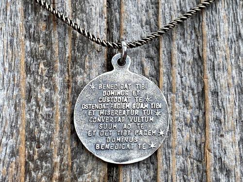 Sterling Silver St Francis of Assisi Blessing Medal Pendant on Necklace, Antique Replica of French Latin Medallion, May the Lord Bless You