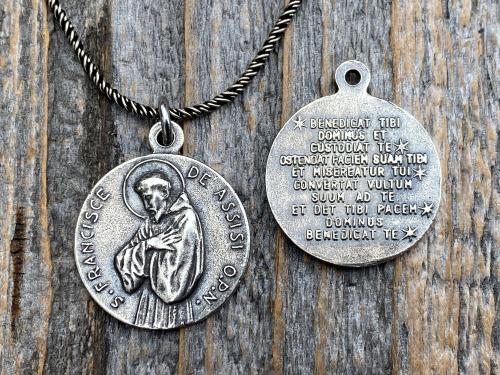 Sterling Silver St Francis of Assisi Blessing Medal Pendant on Necklace, Antique Replica of French Latin Medallion, May the Lord Bless You