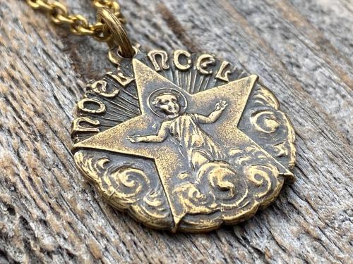 Antiqued Gold Christmas Noel Pendant and Necklace, Antique Replica of a Rare French Medallion, Baby Jesus with a Radiant Star, from France