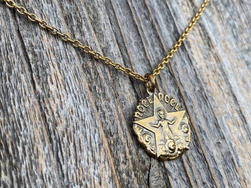 Antiqued Gold Christmas Noel Pendant and Necklace, Antique Replica of a Rare French Medallion, Baby Jesus with a Radiant Star, from France