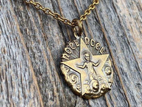 Antiqued Gold Christmas Noel Pendant and Necklace, Antique Replica of a Rare French Medallion, Baby Jesus with a Radiant Star, from France