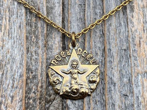 Antiqued Gold Christmas Noel Pendant and Necklace, Antique Replica of a Rare French Medallion, Baby Jesus with a Radiant Star, from France