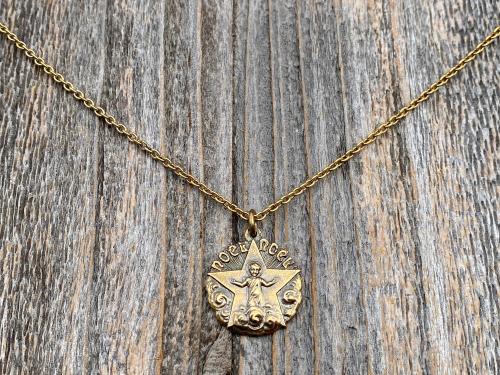 Antiqued Gold Christmas Noel Pendant and Necklace, Antique Replica of a Rare French Medallion, Baby Jesus with a Radiant Star, from France