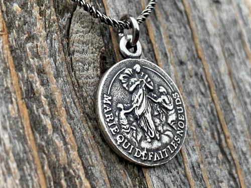 Sterling Silver Our Lady Untier of Knots Medallion on Necklace, Antique Replica of French Our Lady Undoer of Knots Marian Devotion Pendant