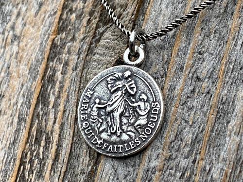 Sterling Silver Our Lady Untier of Knots Medallion on Necklace, Antique Replica of French Our Lady Undoer of Knots Marian Devotion Pendant