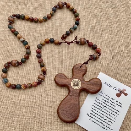 Walnut ByRon Palm Cross with Face of Christ Medallion Large Rosary, with Bronze Antique Replica Beads & Red Cherry Creek Jasper Gemstones