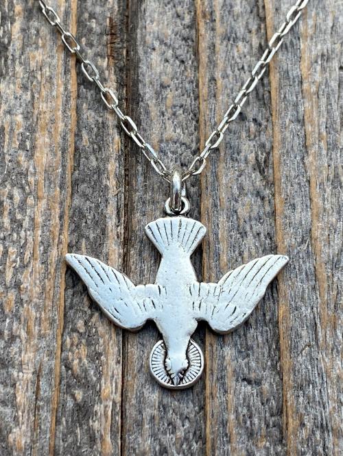 Silver Holy Spirit Dove Pendant and Necklace, Antique Replica of French Holy Spirit Charm, Descending Dove Medallion from France, Holy Ghost