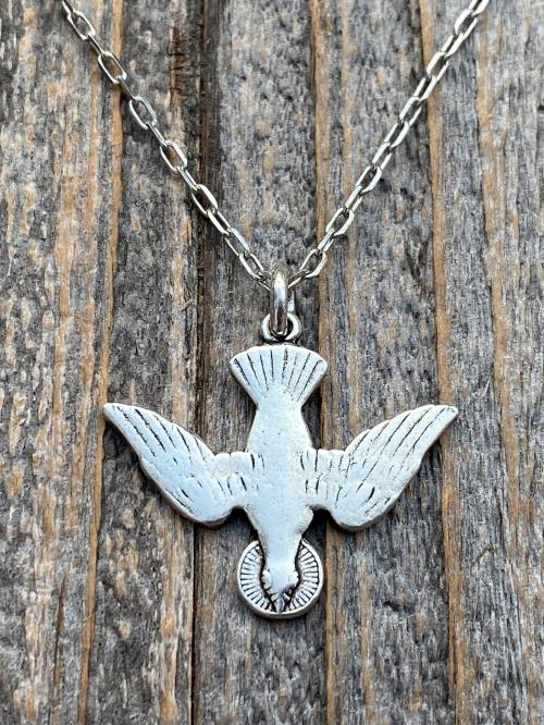 Silver Holy Spirit Dove Pendant and Necklace, Antique Replica of French Holy Spirit Charm, Descending Dove Medallion from France, Holy Ghost