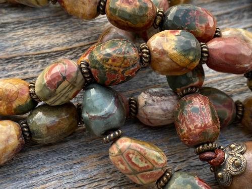 Palm Cross Large Rosary, with Bronze Christ Medallion, Antique Replica Bronze Beads & Cherry Creek Jasper Nugget Gemstones, One of a Kind