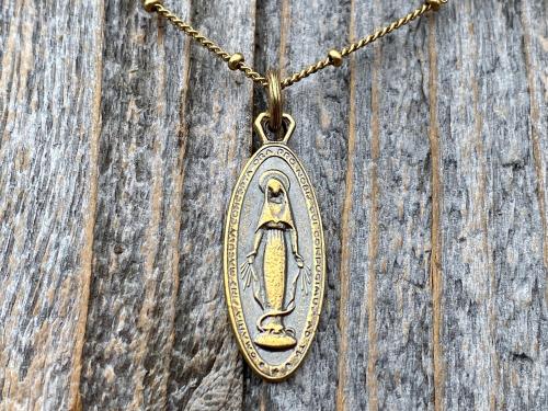 Antiqued Gold Latin Miraculous Medal Pendant and Necklace, Antique Replica of French Miraculous Medallion, Elongated Oval Shape Virgin Mary