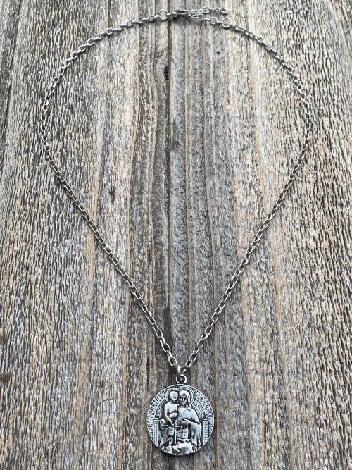 Antiqued Pewter Scapular Pendant on Necklace, Antique Replica of French Artist Tricard Medallion, Sacred Heart of Jesus Our Lady Mt Carmel