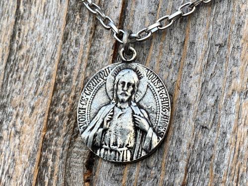 Antiqued Pewter Scapular Pendant on Necklace, Antique Replica of French Artist Tricard Medallion, Sacred Heart of Jesus Our Lady Mt Carmel