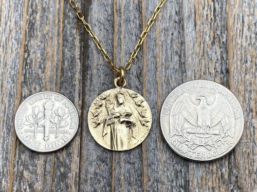 Fertility Saint Colette of Corbie Gold Medallion and Necklace, By French Artist Tricard, Antique Replica Medal, Patron Saint of Fertility