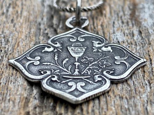 Sterling Silver Holy Eucharist Diamond Shaped Pendant Medal on Necklace, Antique Replica of a Rare French Catholic Medallion, Holy Communion