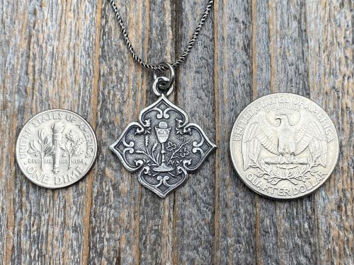 Sterling Silver Holy Eucharist Diamond Shaped Pendant Medal on Necklace, Antique Replica of a Rare French Catholic Medallion, Holy Communion