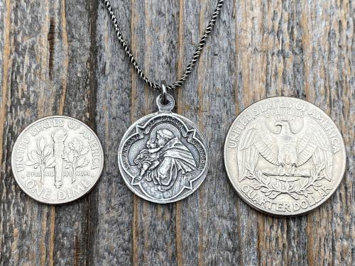 Sterling Silver St Anthony of Padua Medallion & Necklace, Antique Replica of Rare French Latin Medal, Two-Sided Pendant St Francis of Assisi