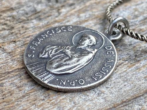 Sterling Silver St Francis of Assisi Blessing Medal Pendant on Necklace, Antique Replica of French Latin Medallion, May the Lord Bless You