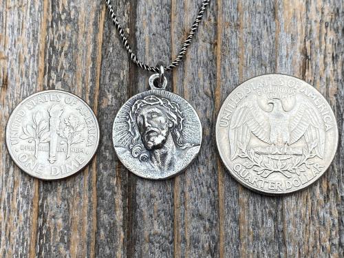 Sterling Silver Our Savior Jesus Christ Medallion on Necklace, Antique Replica of French Pendant, Reverses to a Jerusalem Crusaders Cross