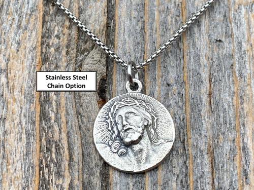 Sterling Silver Our Savior Jesus Christ Medallion on Necklace, Antique Replica of French Pendant, Reverses to a Jerusalem Crusaders Cross