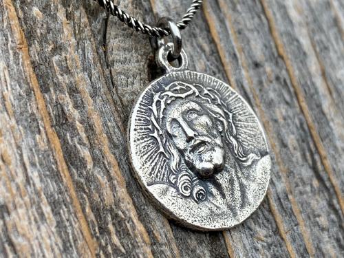 Sterling Silver Our Savior Jesus Christ Medallion on Necklace, Antique Replica of French Pendant, Reverses to a Jerusalem Crusaders Cross