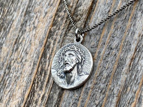 Sterling Silver Our Savior Jesus Christ Medallion on Necklace, Antique Replica of French Pendant, Reverses to a Jerusalem Crusaders Cross