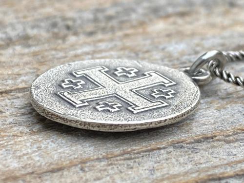 Sterling Silver Our Savior Jesus Christ Medallion on Necklace, Antique Replica of French Pendant, Reverses to a Jerusalem Crusaders Cross