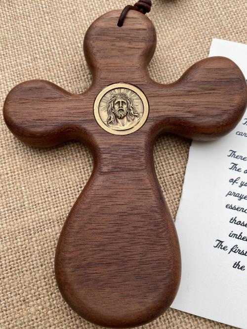 Walnut ByRon Palm Cross with Face of Christ Medallion Large Rosary, with Bronze Antique Replica Beads & Red Cherry Creek Jasper Gemstones