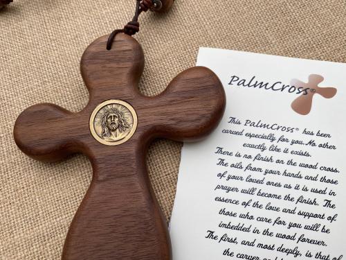 Walnut ByRon Palm Cross with Face of Christ Medallion Large Rosary, with Bronze Antique Replica Beads & Red Cherry Creek Jasper Gemstones