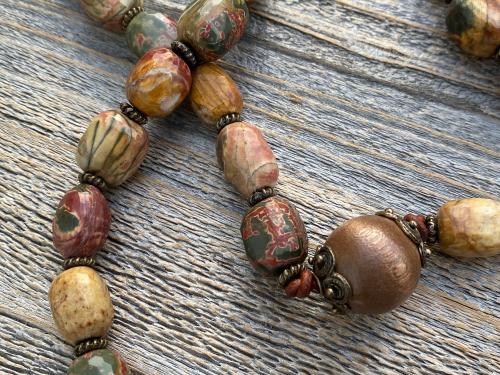 Palm Cross Large Rosary, with Bronze Christ Medallion, Antique Replica Bronze Beads & Cherry Creek Jasper Nugget Gemstones, One of a Kind