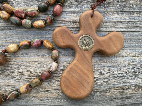 Palm Cross Large Rosary, with Bronze Christ Medallion, Antique Replica Bronze Beads & Cherry Creek Jasper Nugget Gemstones, One of a Kind