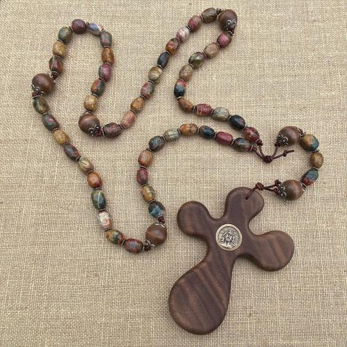 Palm Cross Large Rosary, with Bronze Christ Medallion, Antique Replica Bronze Beads & Cherry Creek Jasper Nugget Gemstones, One of a Kind